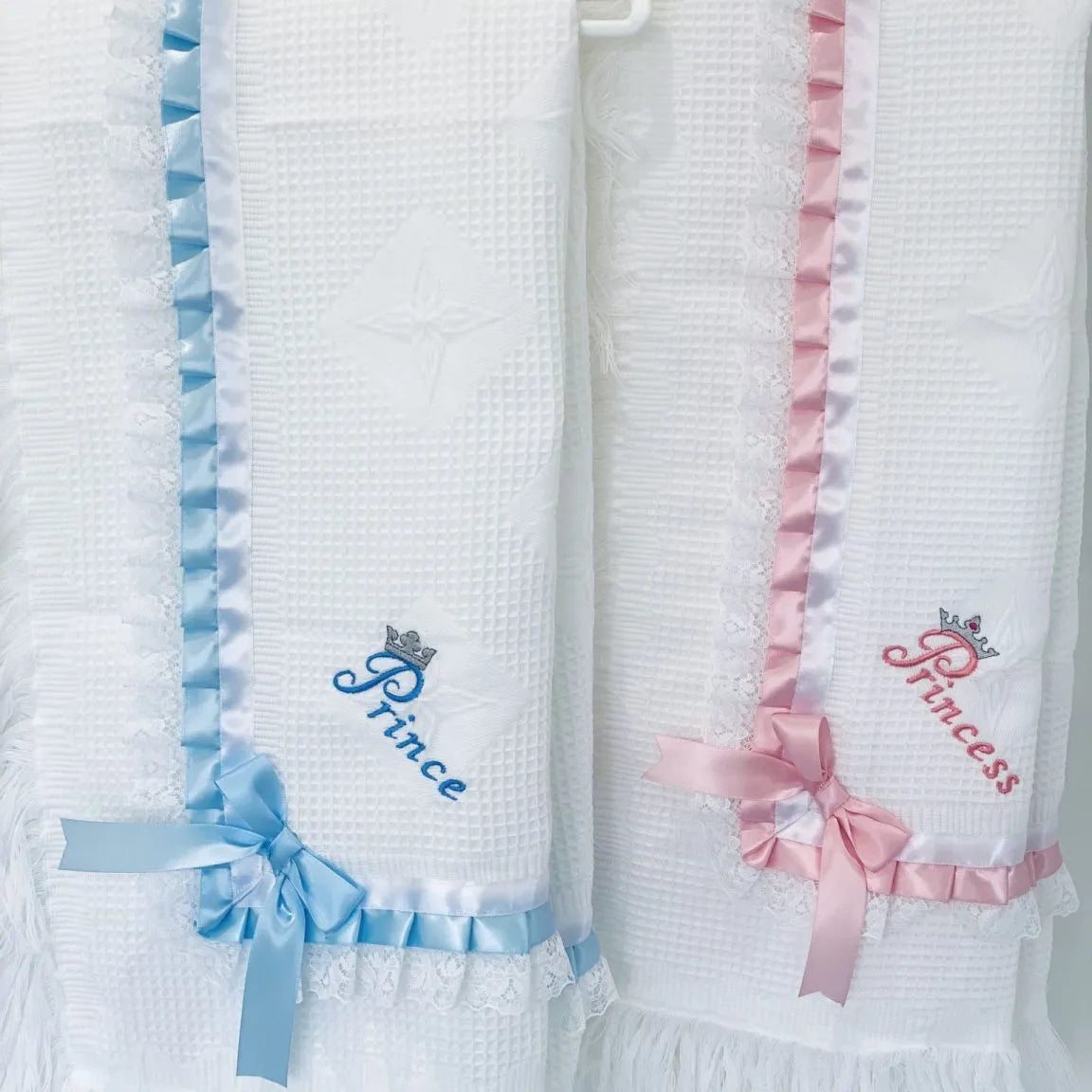 Boys or girls lace ribbon embroidered shawl / blanket with prince or princess