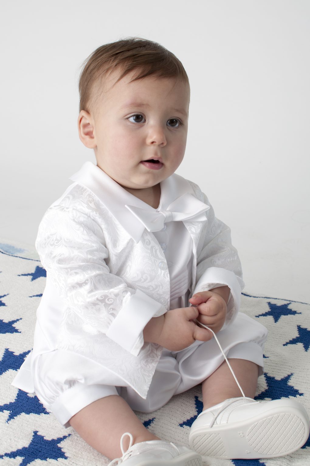 Boys Paisley pattern christening romper with jacket colour white