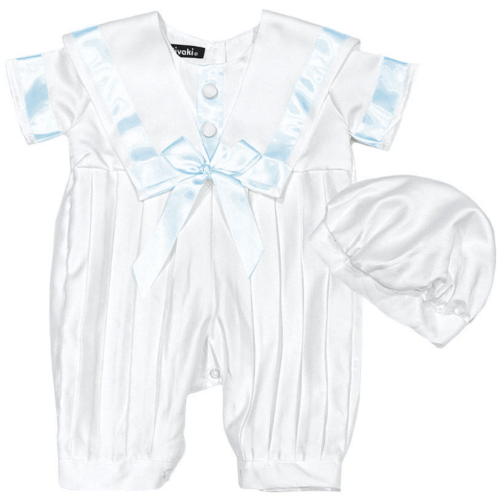 Boys sailor pleated style christening romper with hat colour white / blue