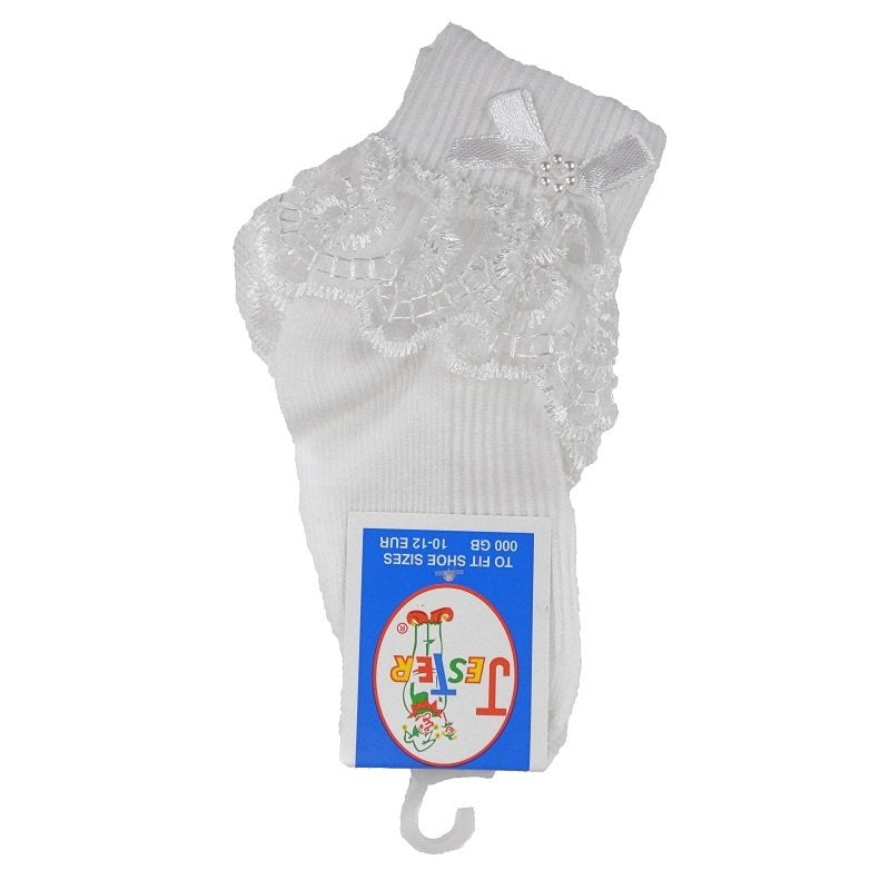 Girls frilly lace ankle socks with bow 8 sizes from premature to adult size 6