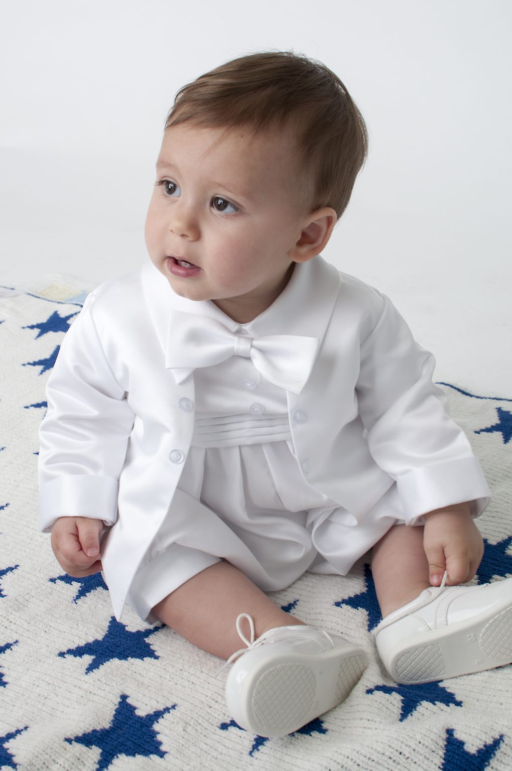 Boys diamond pattern christening romper with jacket colour white