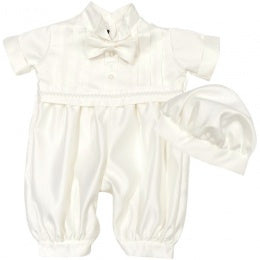 Boys braid tuxedo style christening romper with hat colour ivory