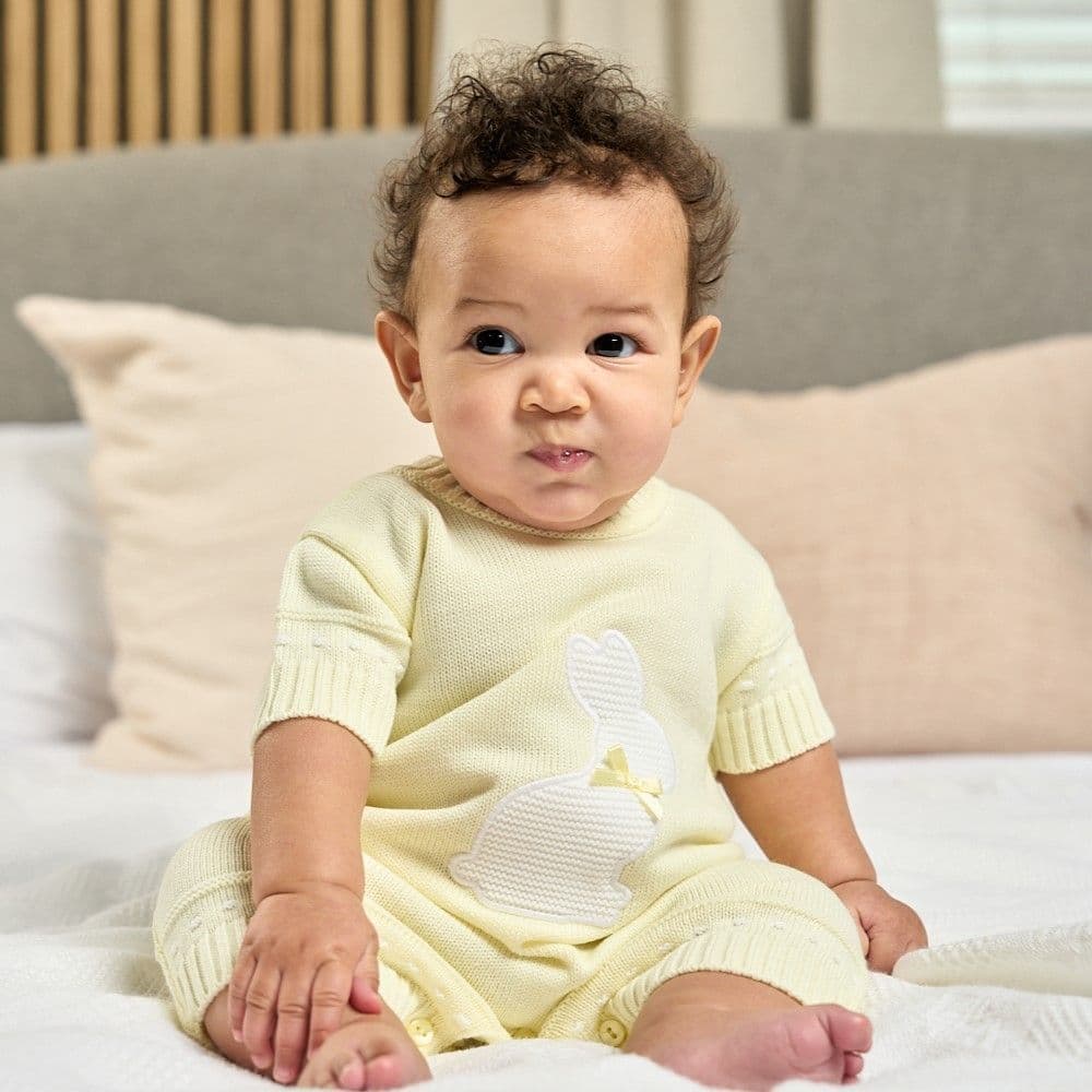 Dandelion baby Boys or girls knitted romper with rabbit design embroidery