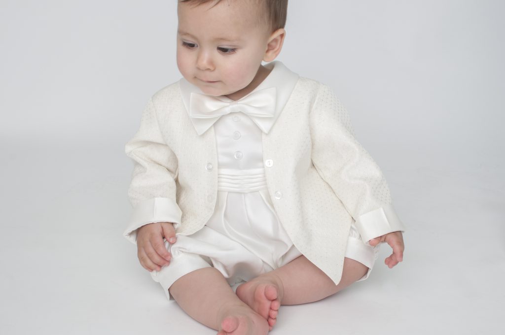 Boys diamond pattern christening romper with jacket colour colour ivory