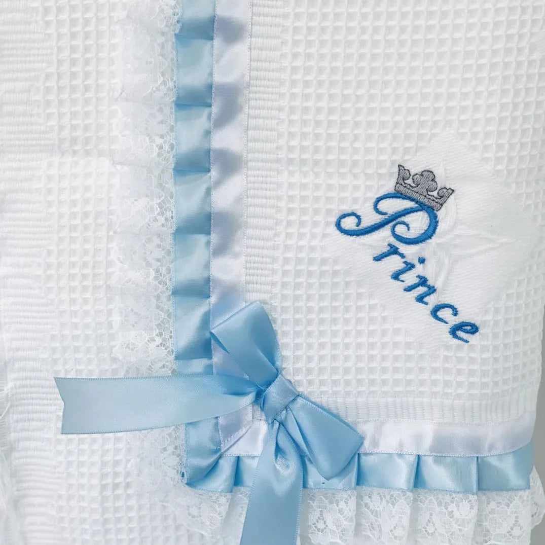 Boys or girls lace ribbon embroidered shawl / blanket with prince or princess