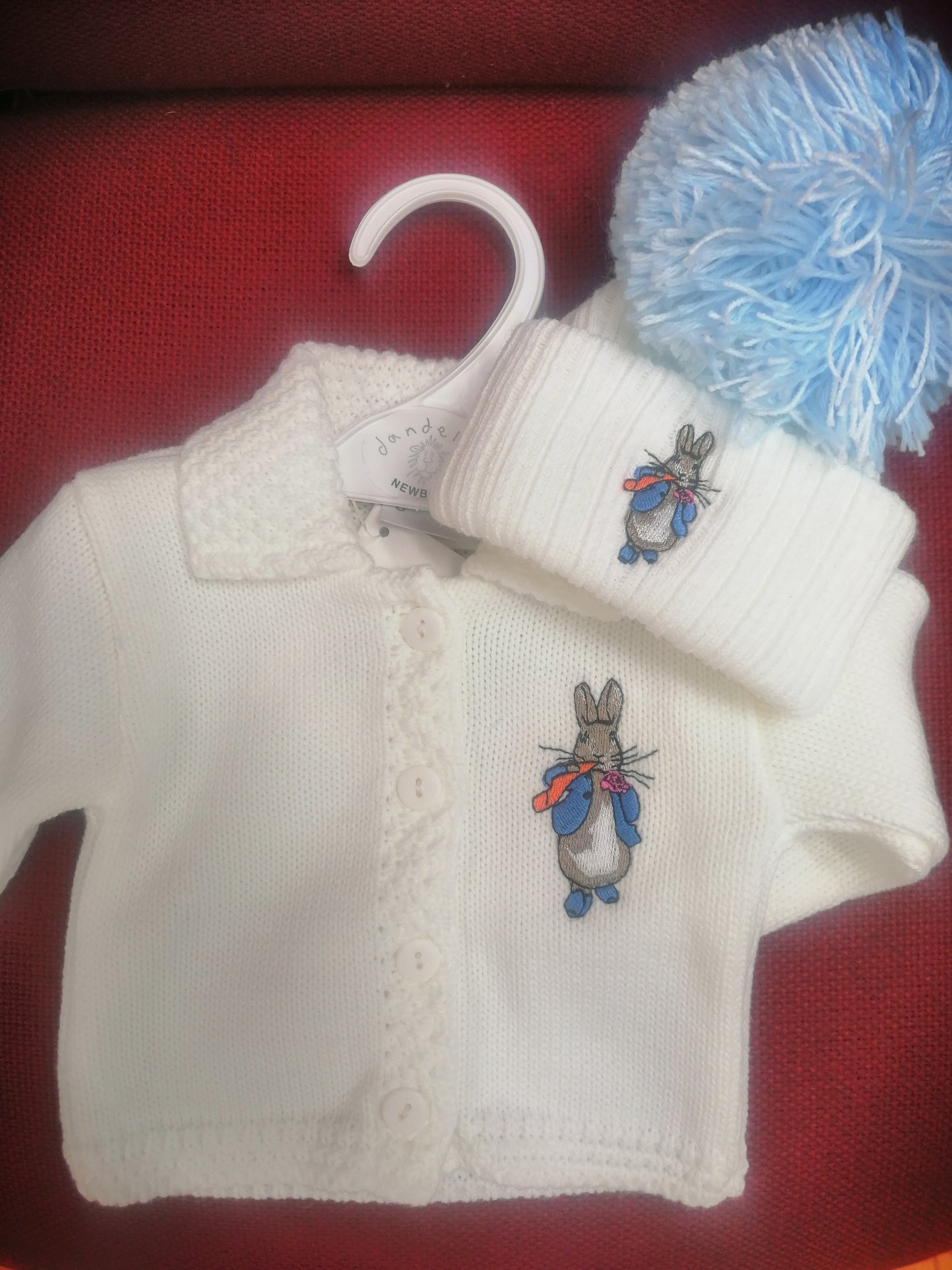 Dandelion boys or girls cardie set with pom hat embroidered with peter rabbit or jemima puddle duck