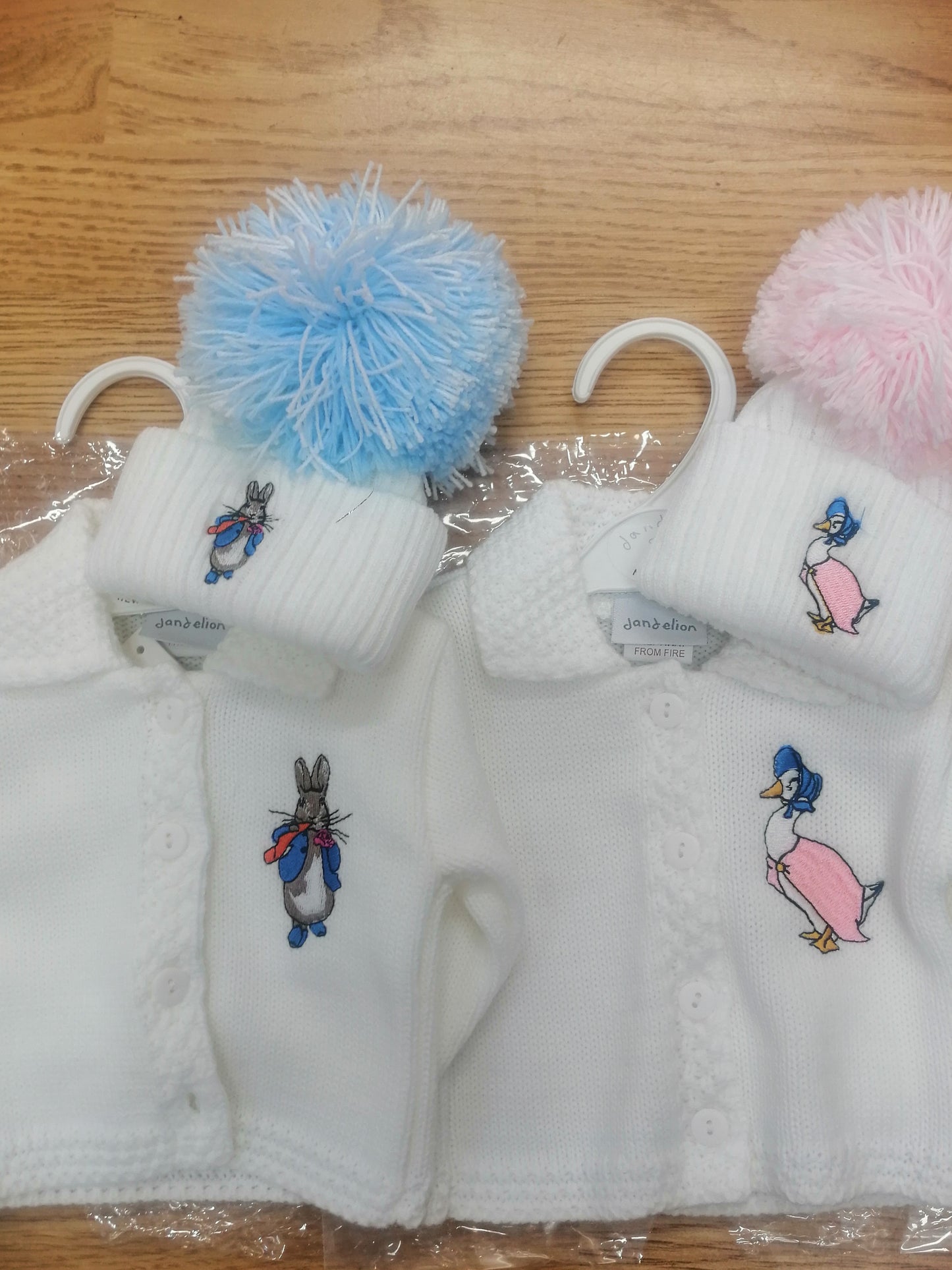 Dandelion boys or girls cardie set with pom hat embroidered with peter rabbit or jemima puddle duck