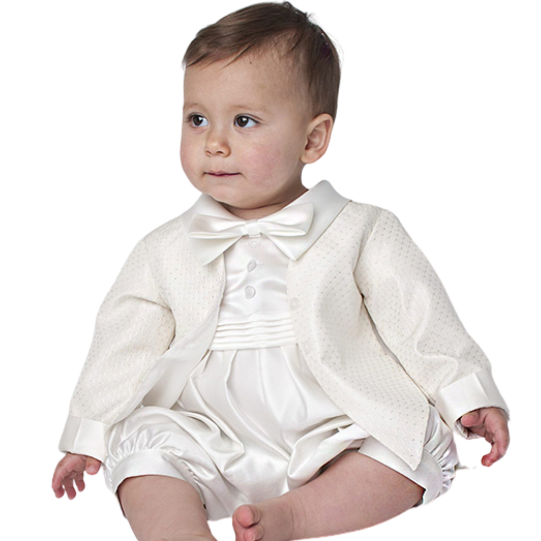 Boys diamond pattern christening romper with jacket colour colour ivory
