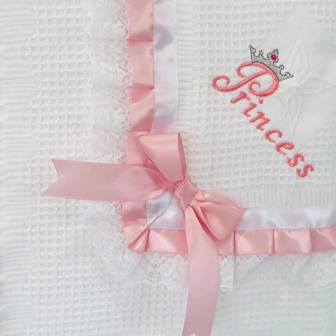 Boys or girls lace ribbon embroidered shawl / blanket with prince or princess