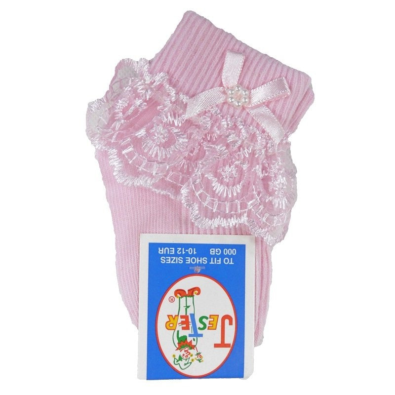 Girls frilly lace ankle socks with bow 8 sizes from premature to adult size 6