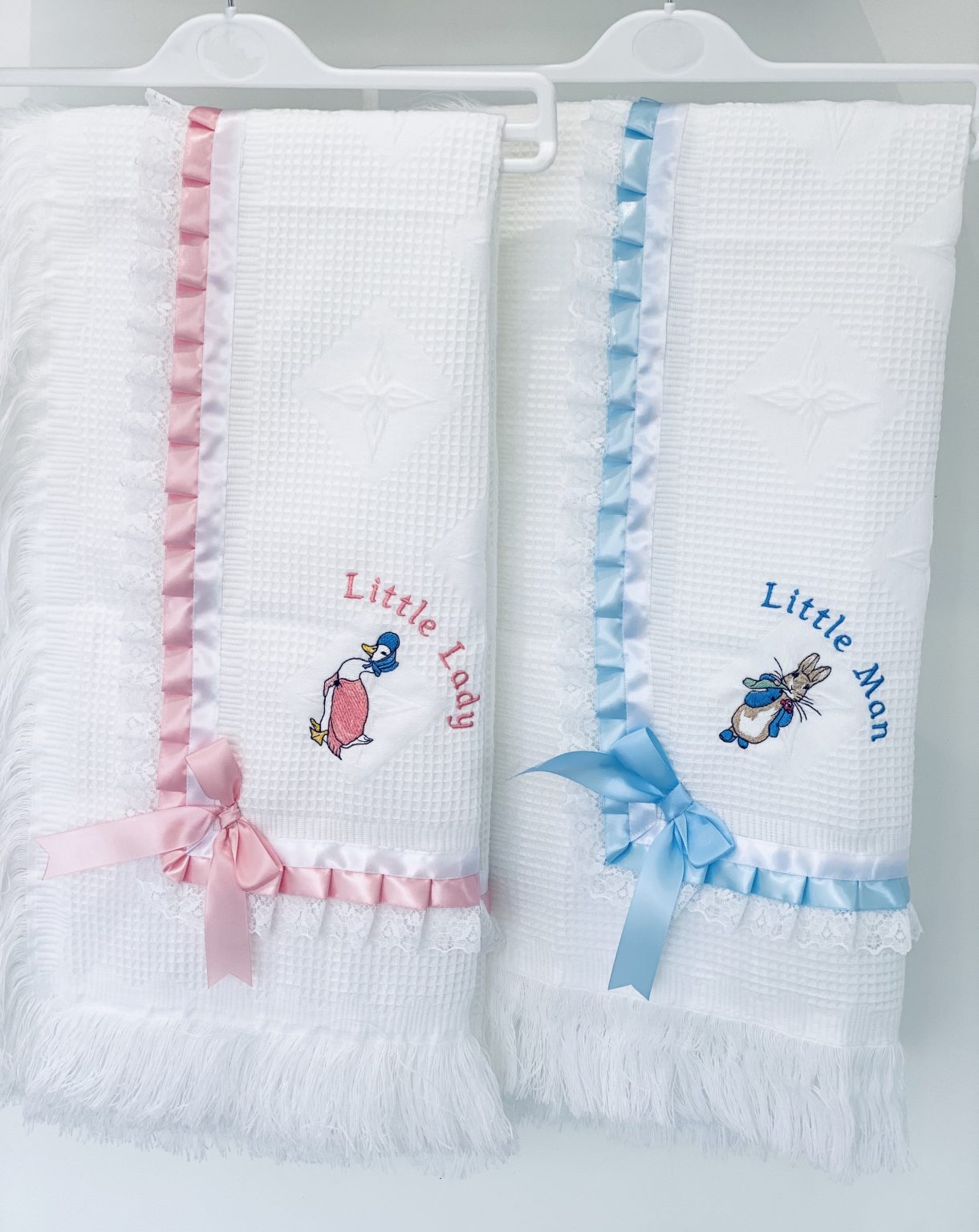 Boys or girls lace ribbon shawl / blanket embroidered with peter rabbit or jemima puddle duck