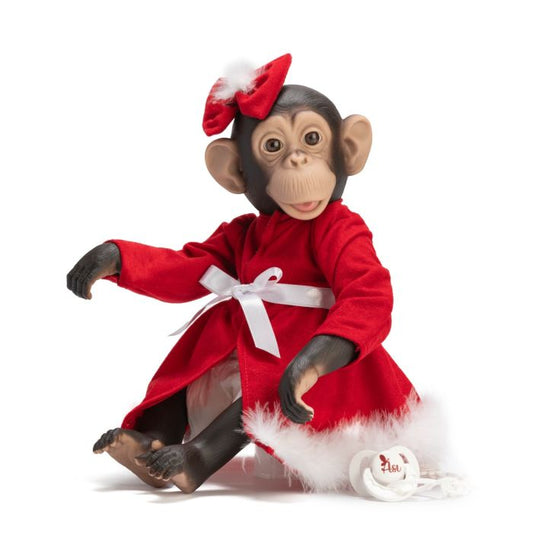 Spanish  chimpanzee girl in Christmas dress and hair bow size 32 cm