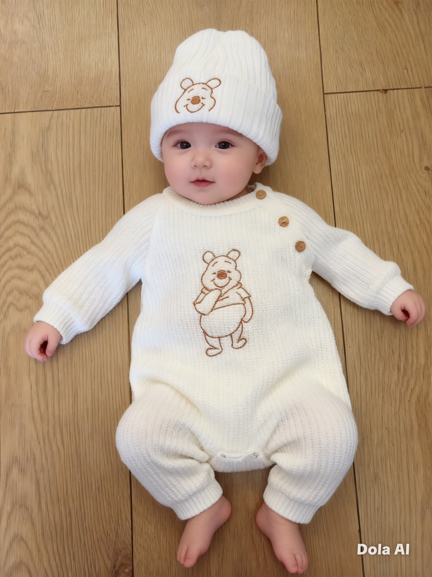 Babys unisex knitted  romper and beanie hat set  dandelion  embroidered with poo bear