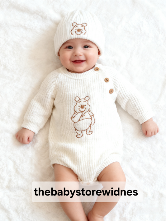 Babys unisex knitted  romper and beanie hat set  dandelion  embroidered with poo bear