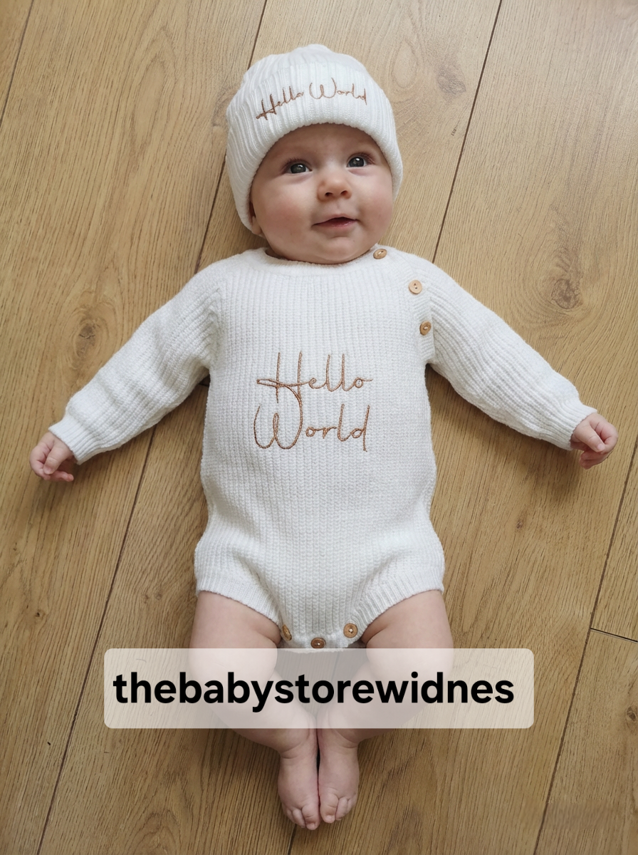 Dandelion unisex romper and hat set embroidered with  hello world