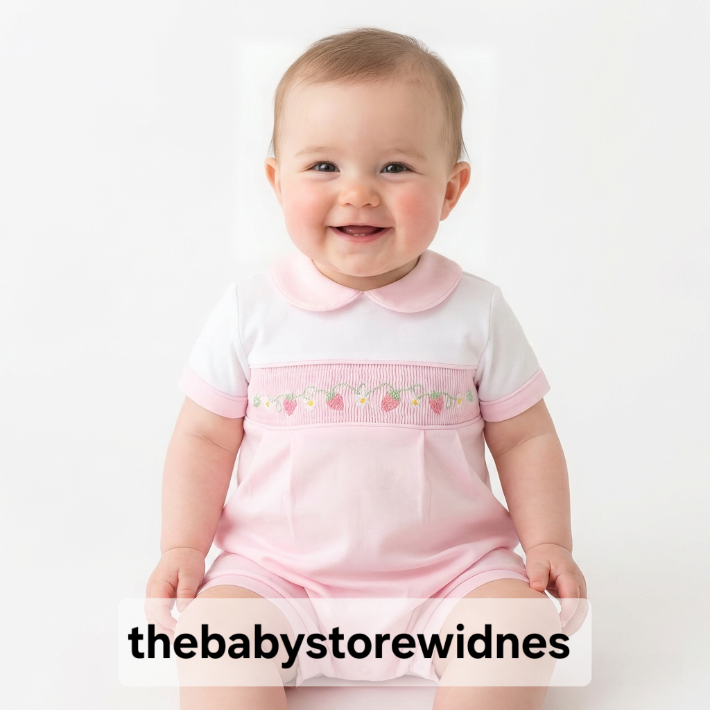 Baby girls  dandelion  romper  with smocking and strawberry and flowers embroidery