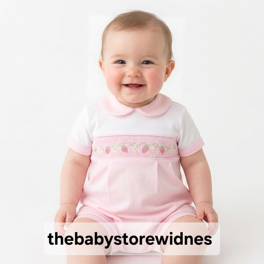 Baby girls  dandelion  romper  with smocking and strawberry and flowers embroidery