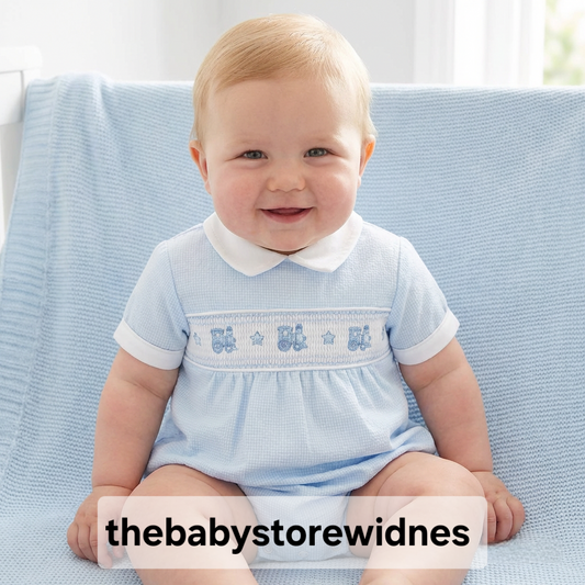 Babys  boys  dandelion  romper with smocking and train endrodiodery