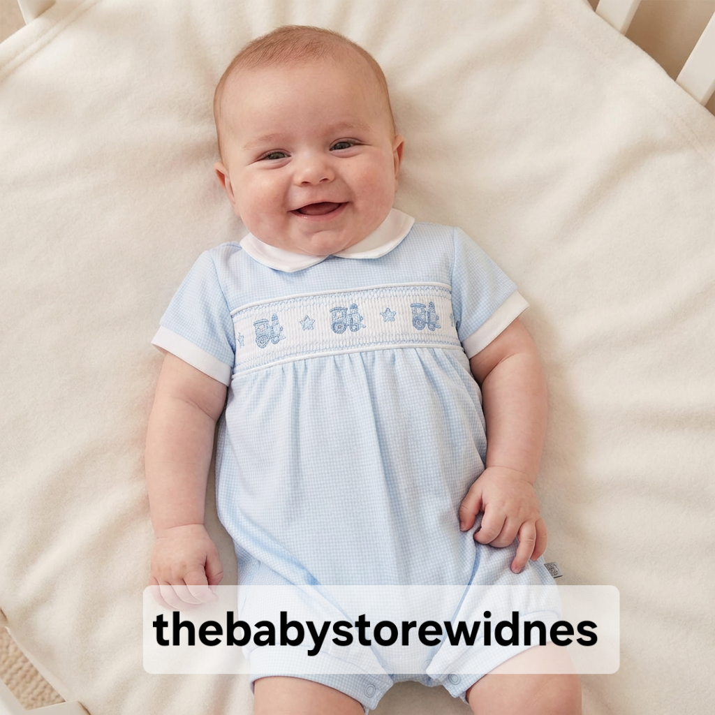Babys  boys  dandelion  romper with smocking and train endrodiodery