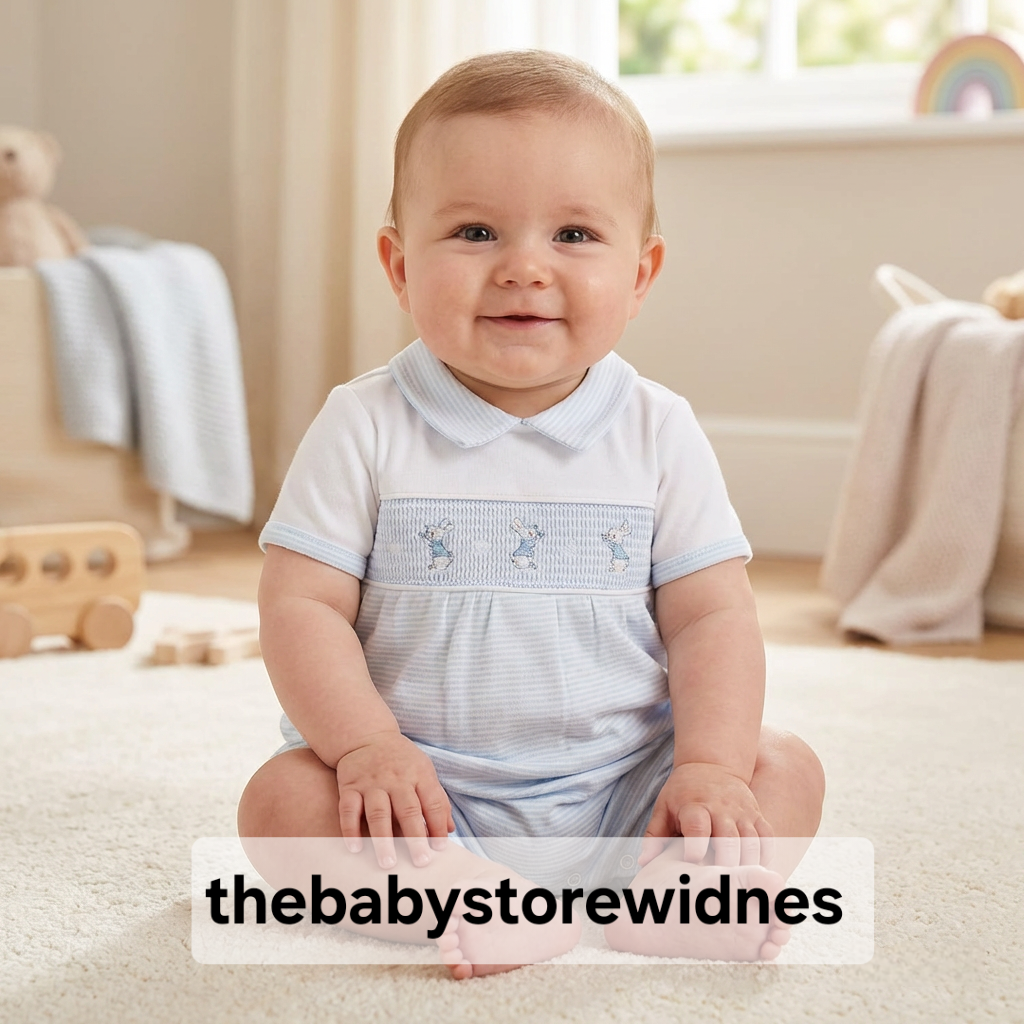 Baby Boys dandelion  romper with smocking and  bunny  rabbit embroidery