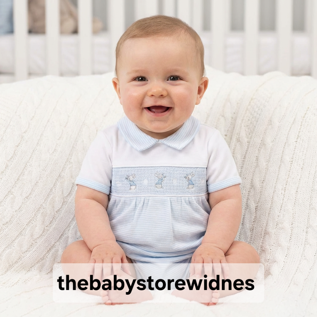 Baby Boys dandelion  romper with smocking and  bunny  rabbit embroidery