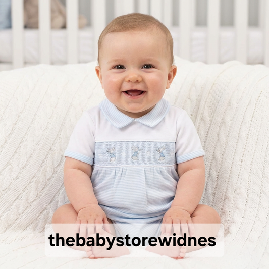 Baby Boys dandelion  romper with smocking and  bunny  rabbit embroidery