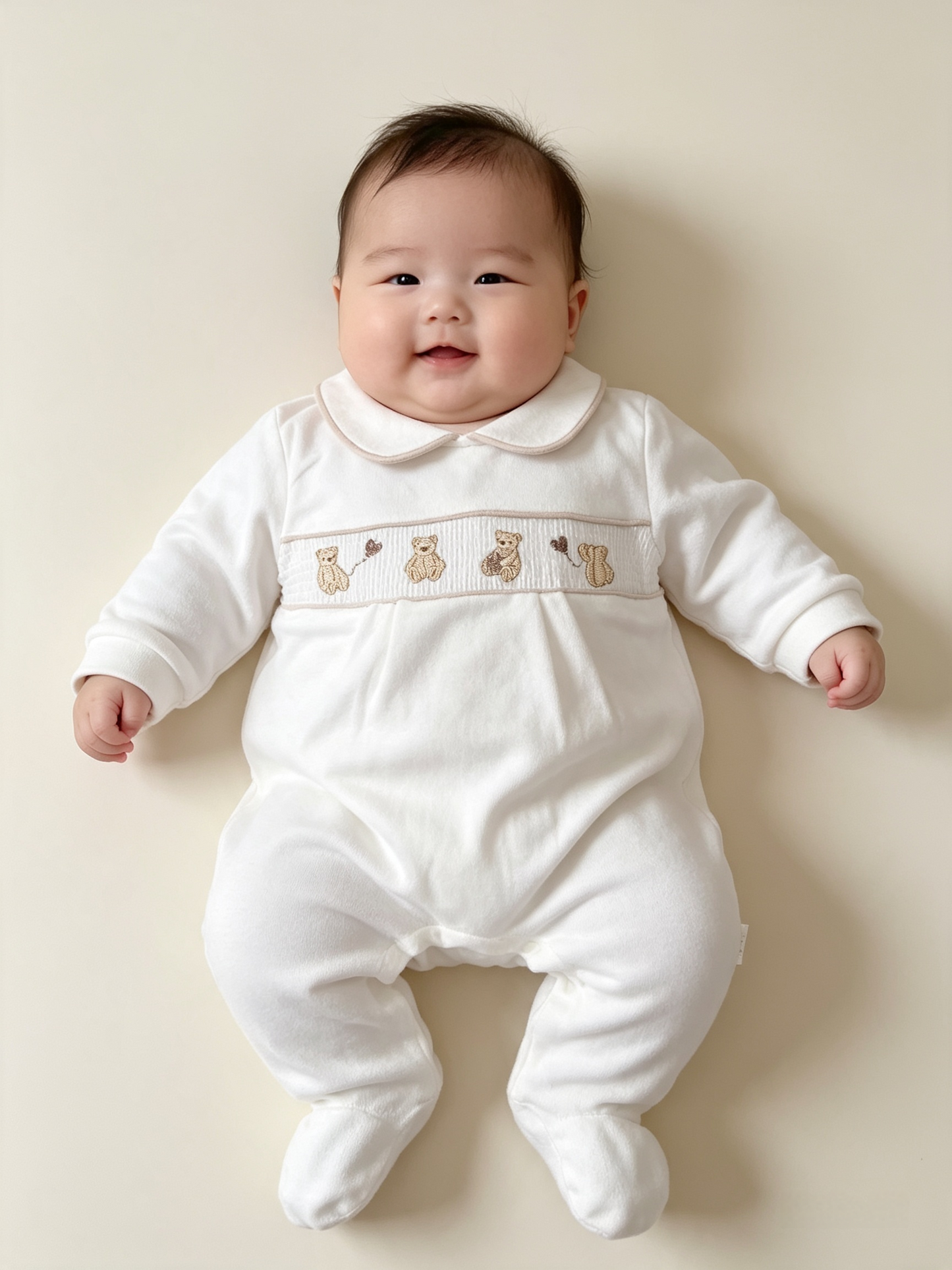 Babys unisex smocked velour baby grow sleepsuit with teddy bear Embroidery