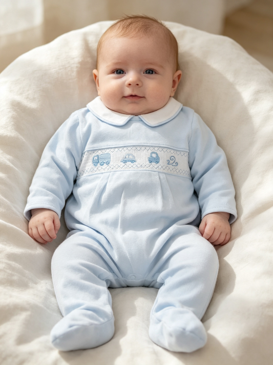 Baby Boys  smocked velour baby grow sleepsuit with  truck and  cars embroidery