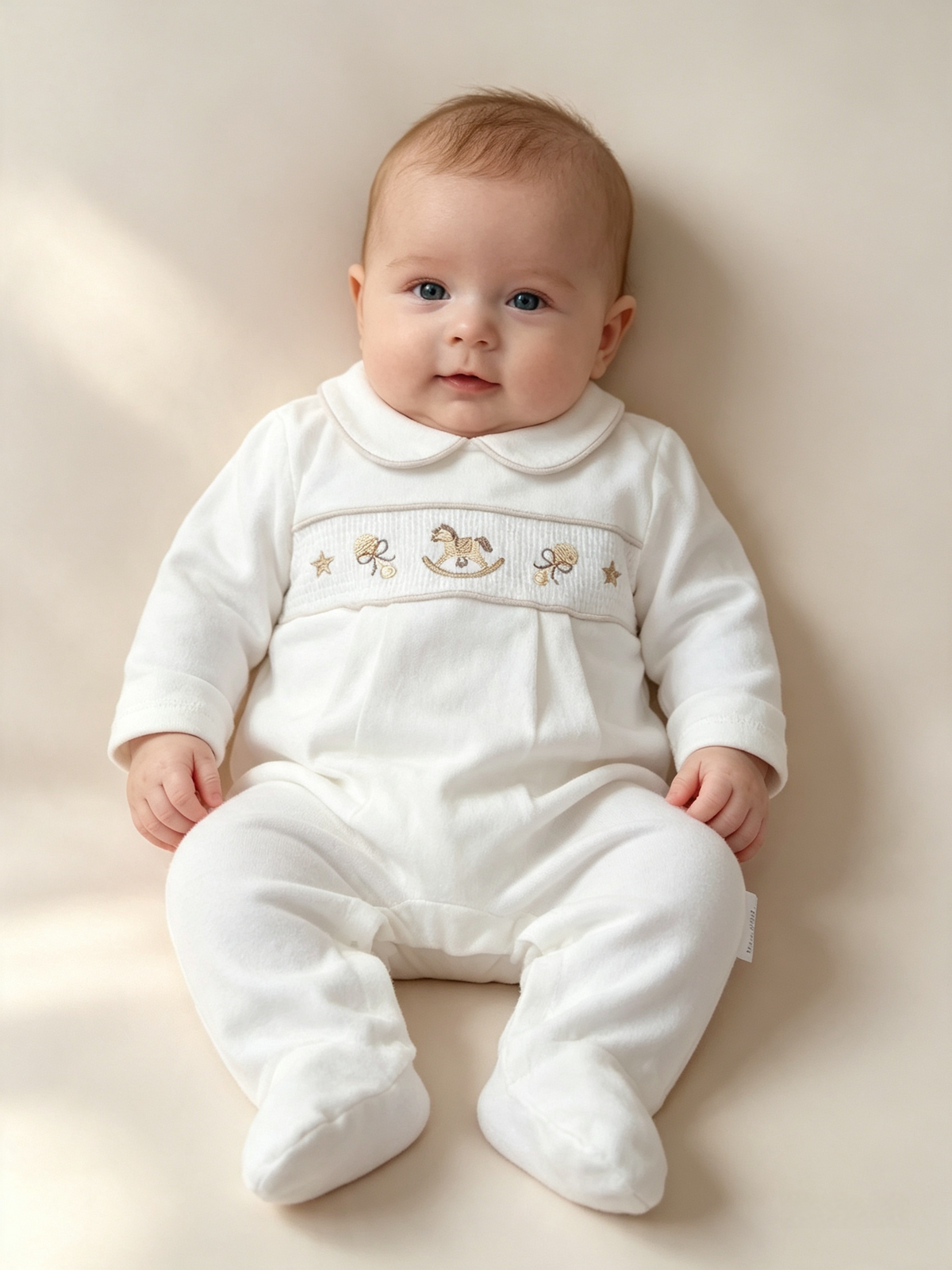 Babys unisex smocked velour  romper with  Rocking Horse embroidery