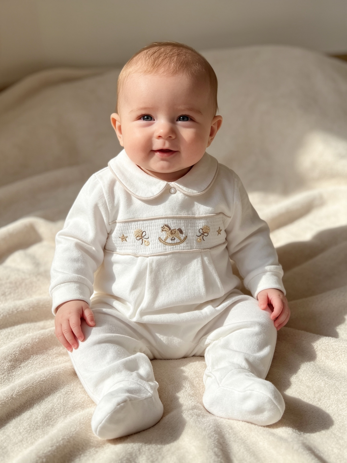 Babys unisex smocked velour  romper with  Rocking Horse embroidery