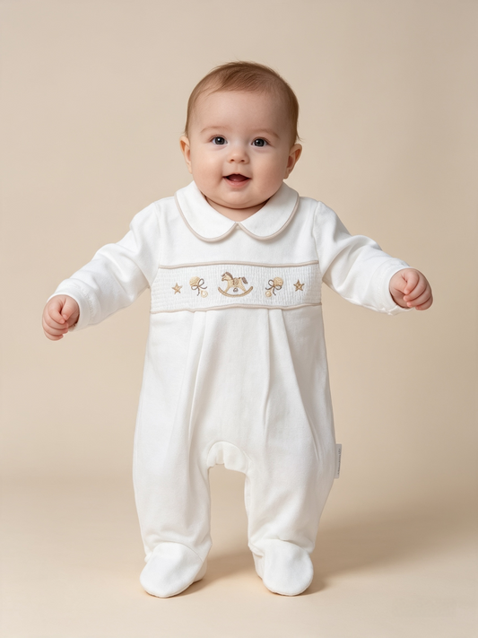 Babys unisex smocked velour  baby grow  sleepsuit with  Rocking Horse embroidery