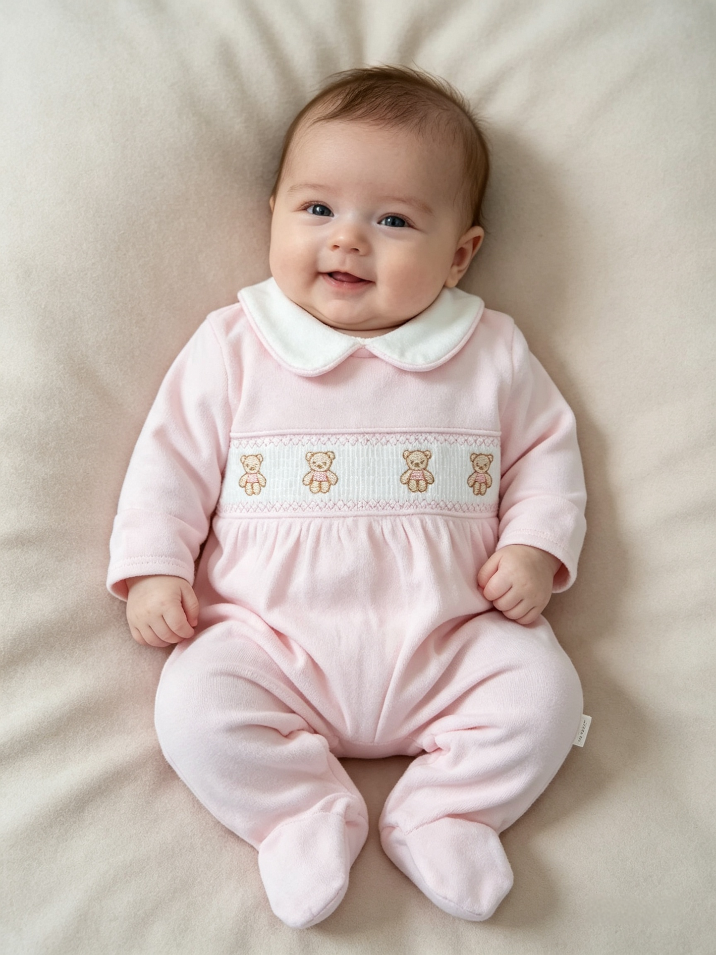 Baby girls  smocked velour baby grow sleepsuit with teddy bear Embroidery