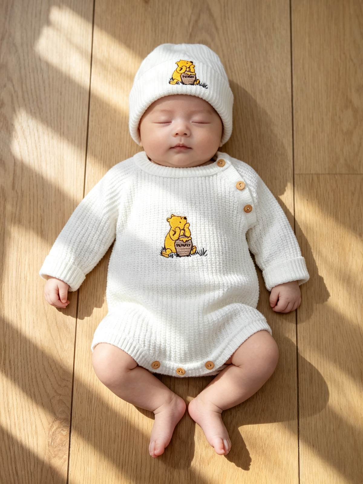 Dandelion unisex babys knitted romper and hat set embroidered with pooh bear