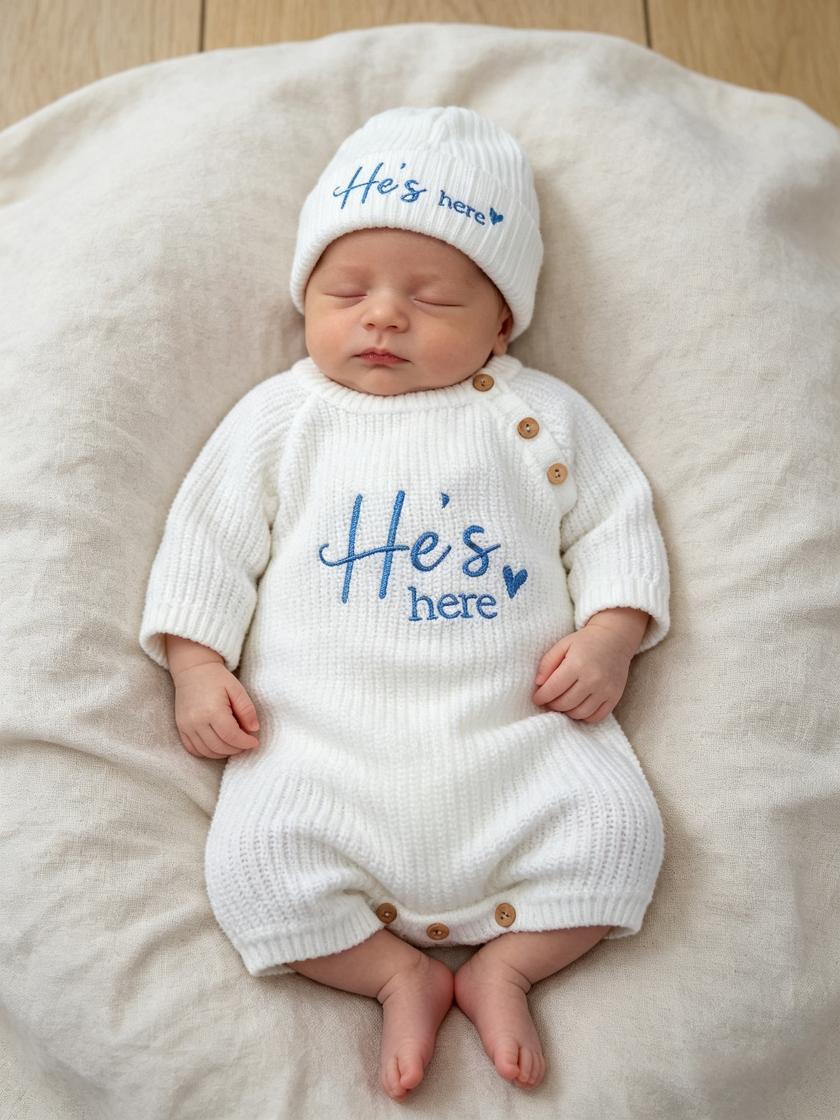 Dandelion Babys  knitted  romper and hat set with  He's  or she's here embroidery