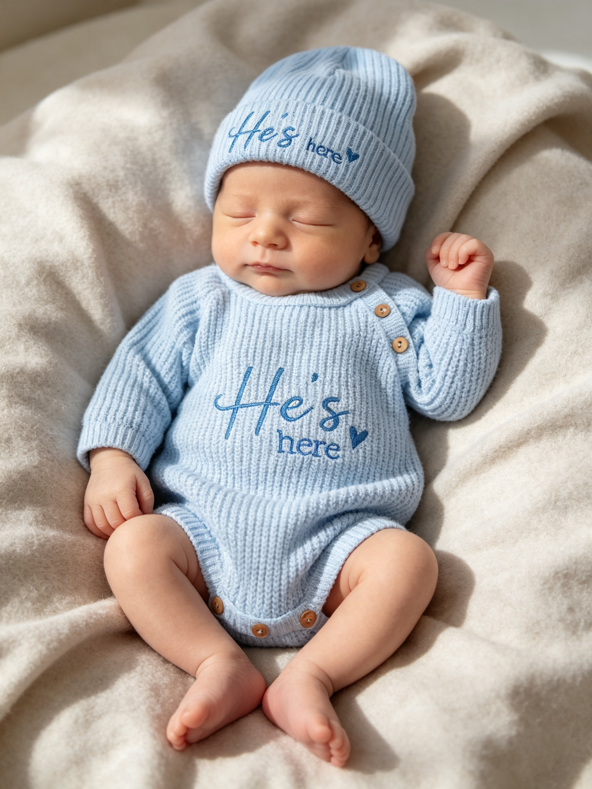Dandelion Babys  knitted  romper and hat set with  He's  or she's here embroidery