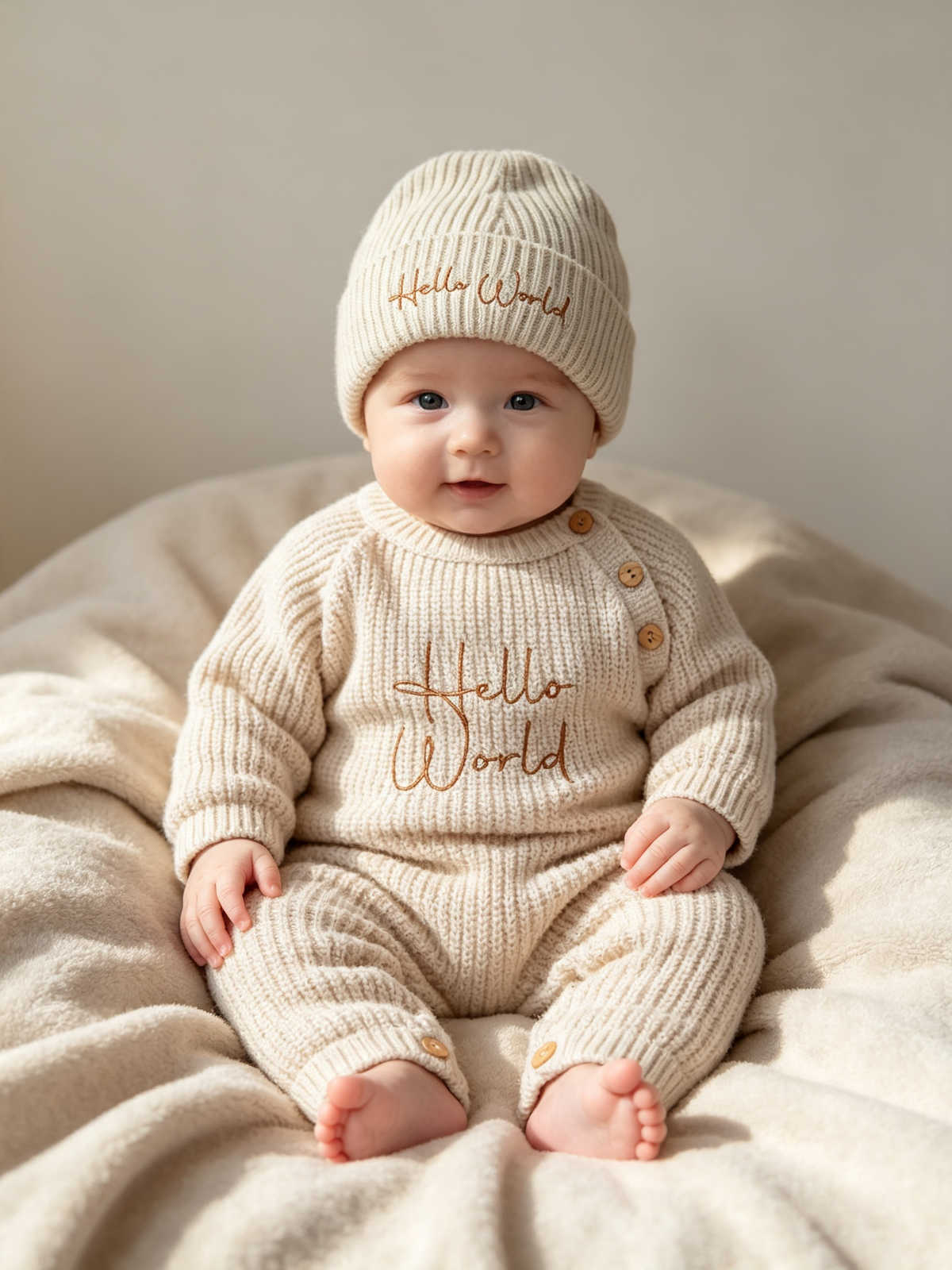Dandelion unisex romper and hat set embroidered with  hello world