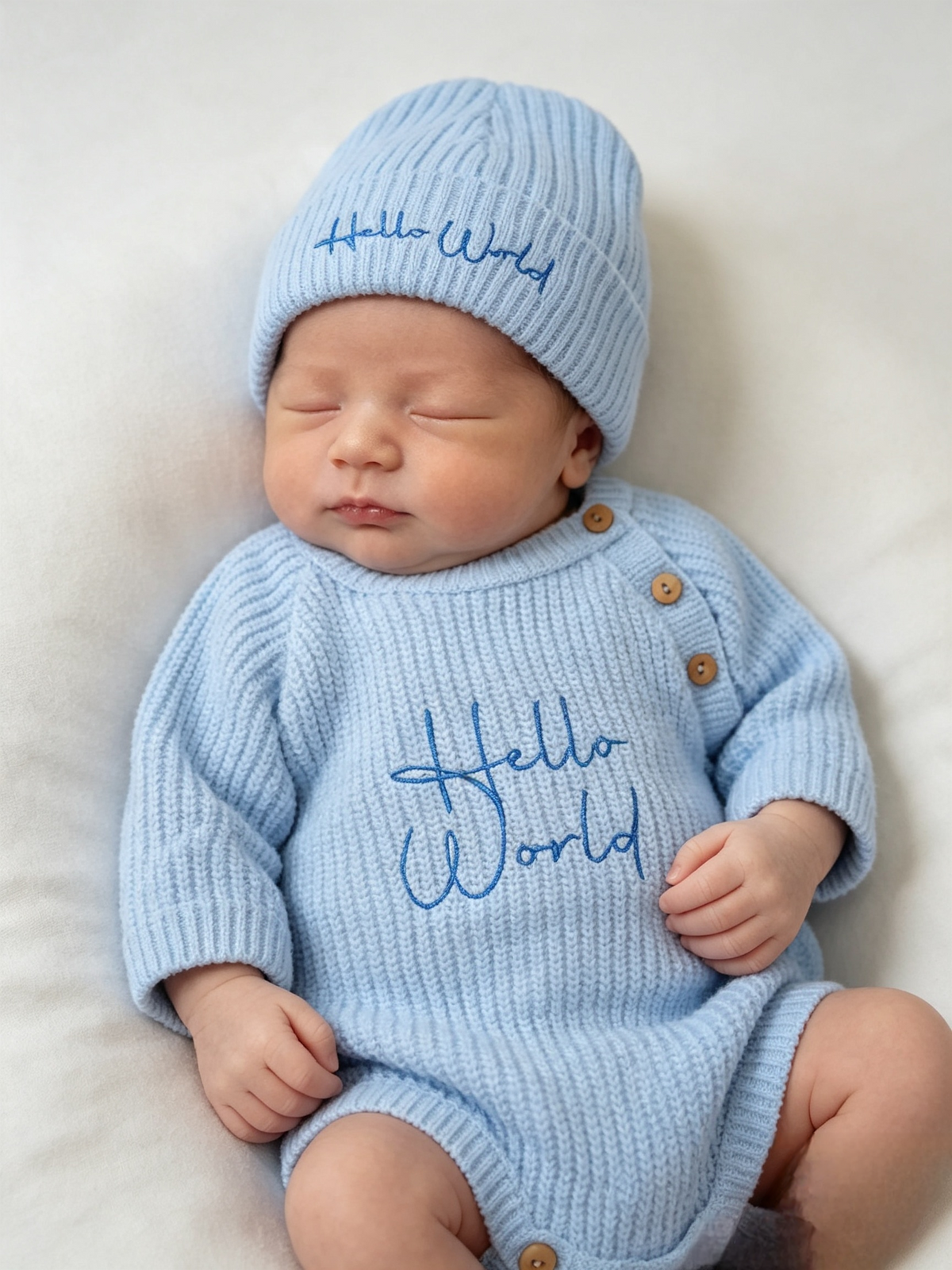 Dandelion unisex romper and hat set embroidered with  hello world