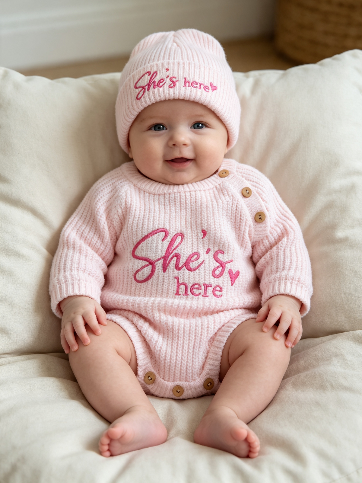 Dandelion Babys  knitted  romper and hat set with  He's  or she's here embroidery