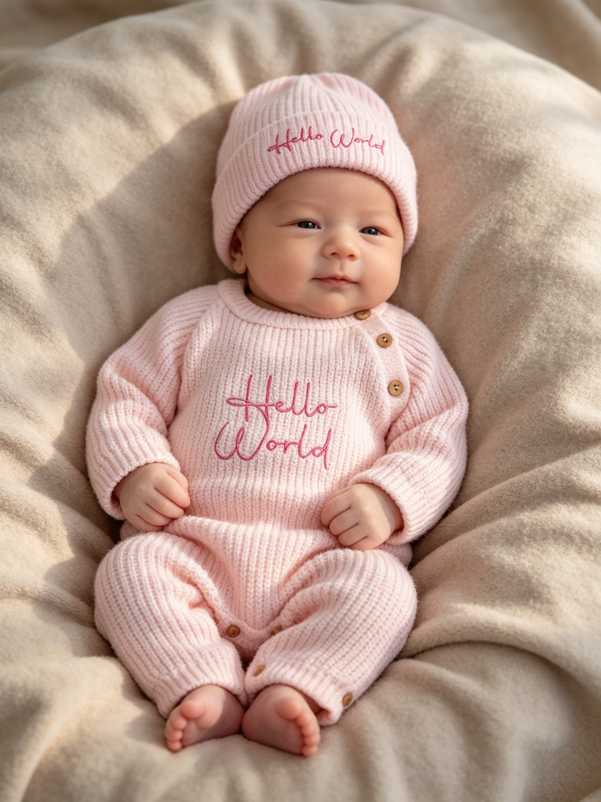 Dandelion unisex romper and hat set embroidered with  hello world