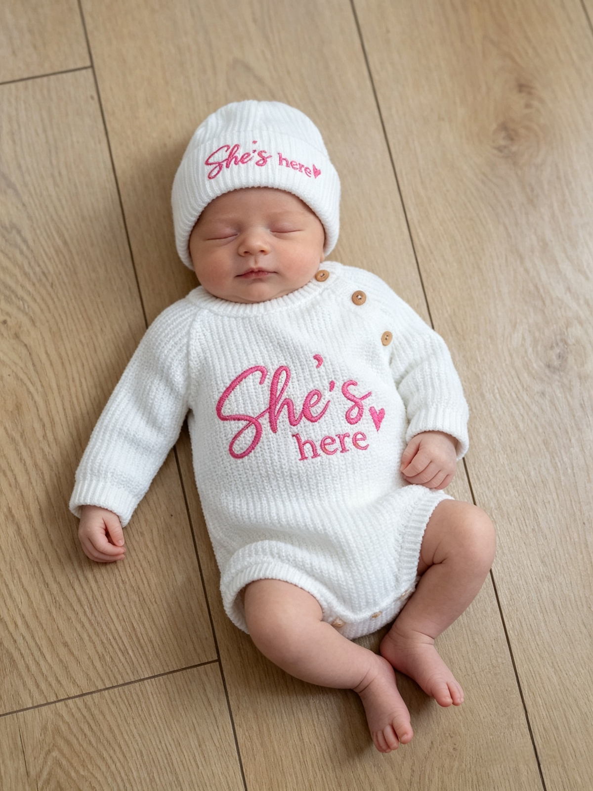 Dandelion Babys  knitted  romper and hat set with  He's  or she's here embroidery