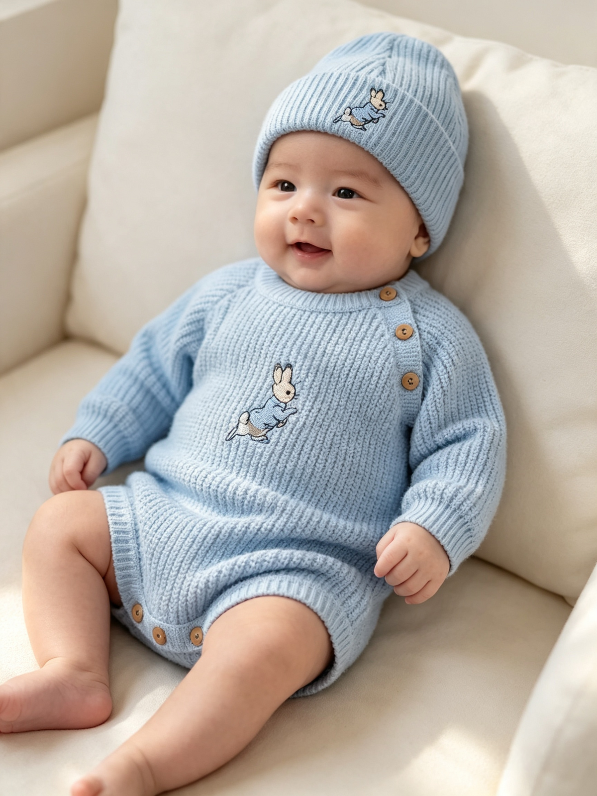 Dandelion embroidered romper set with hat  and  peter rabbit themed embroidery