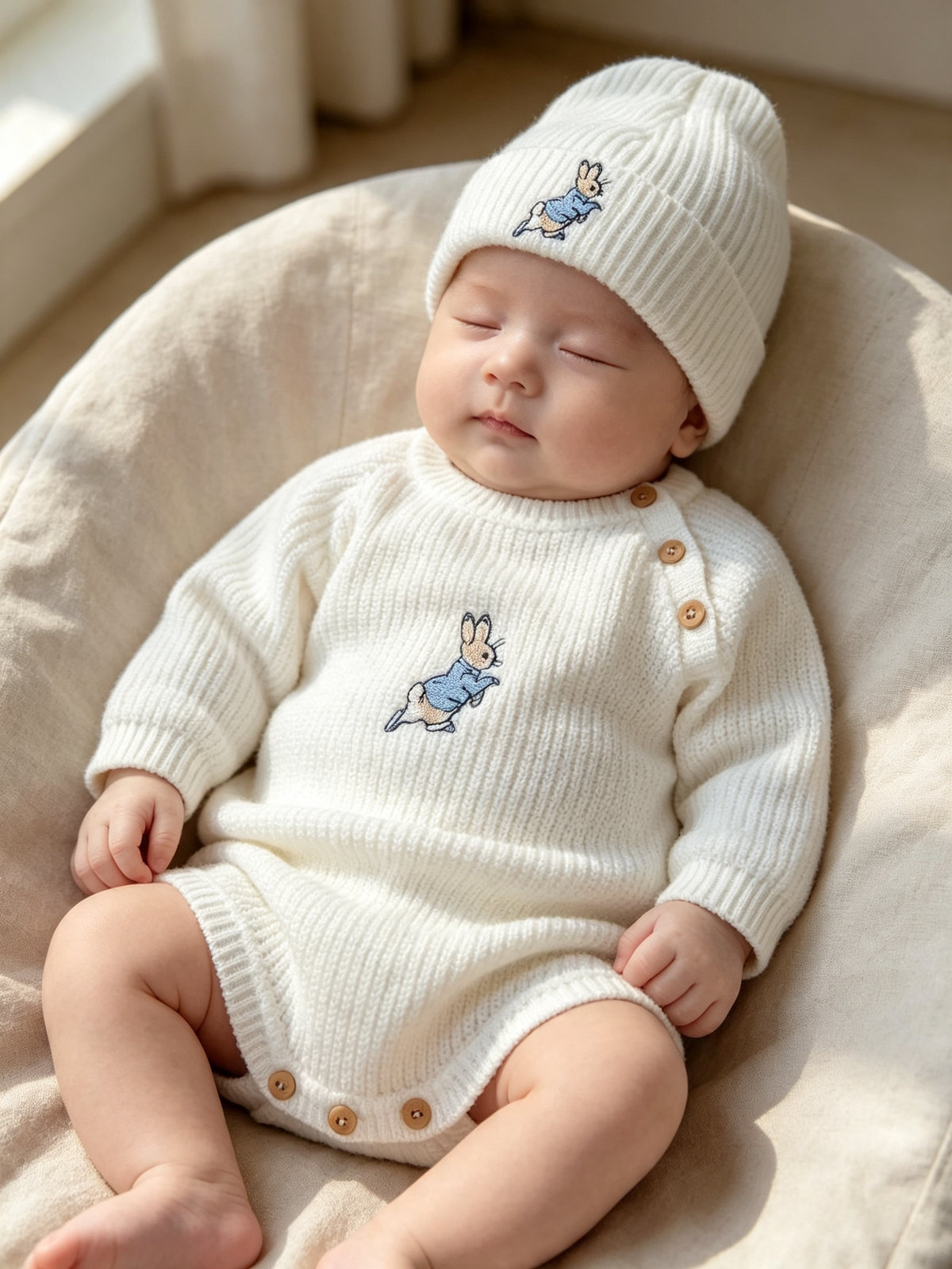 Dandelion embroidered romper set with hat  and  peter rabbit themed embroidery