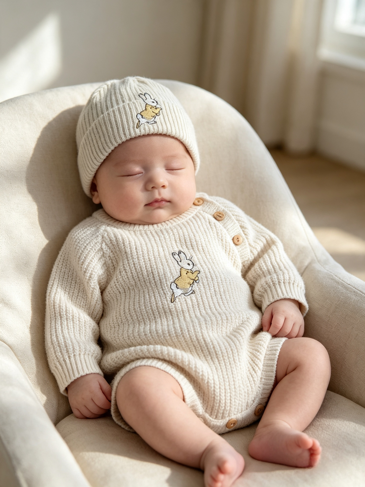 Dandelion embroidered romper set with hat  and  peter rabbit themed embroidery