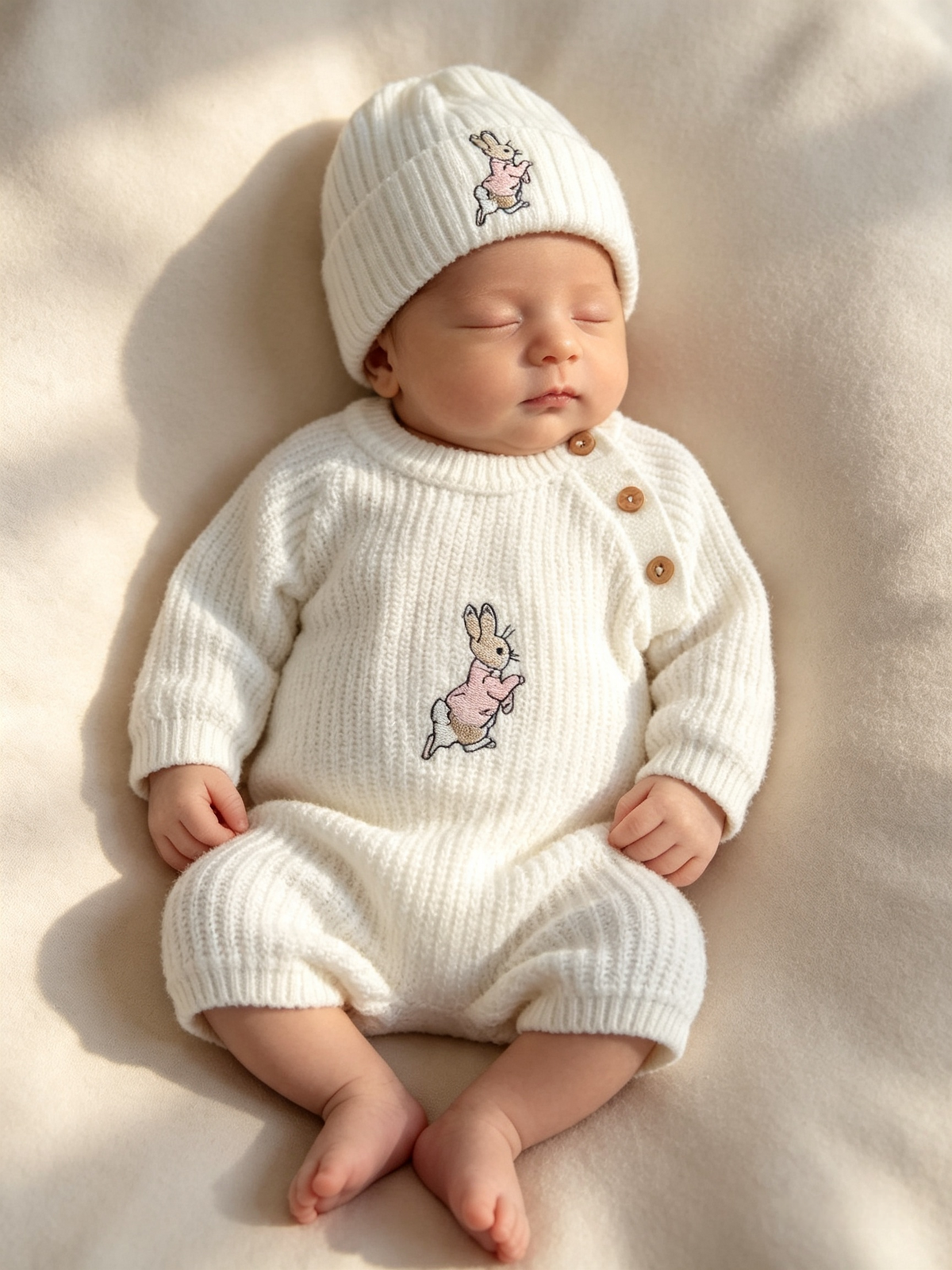 Dandelion embroidered romper set with hat  and  peter rabbit themed embroidery