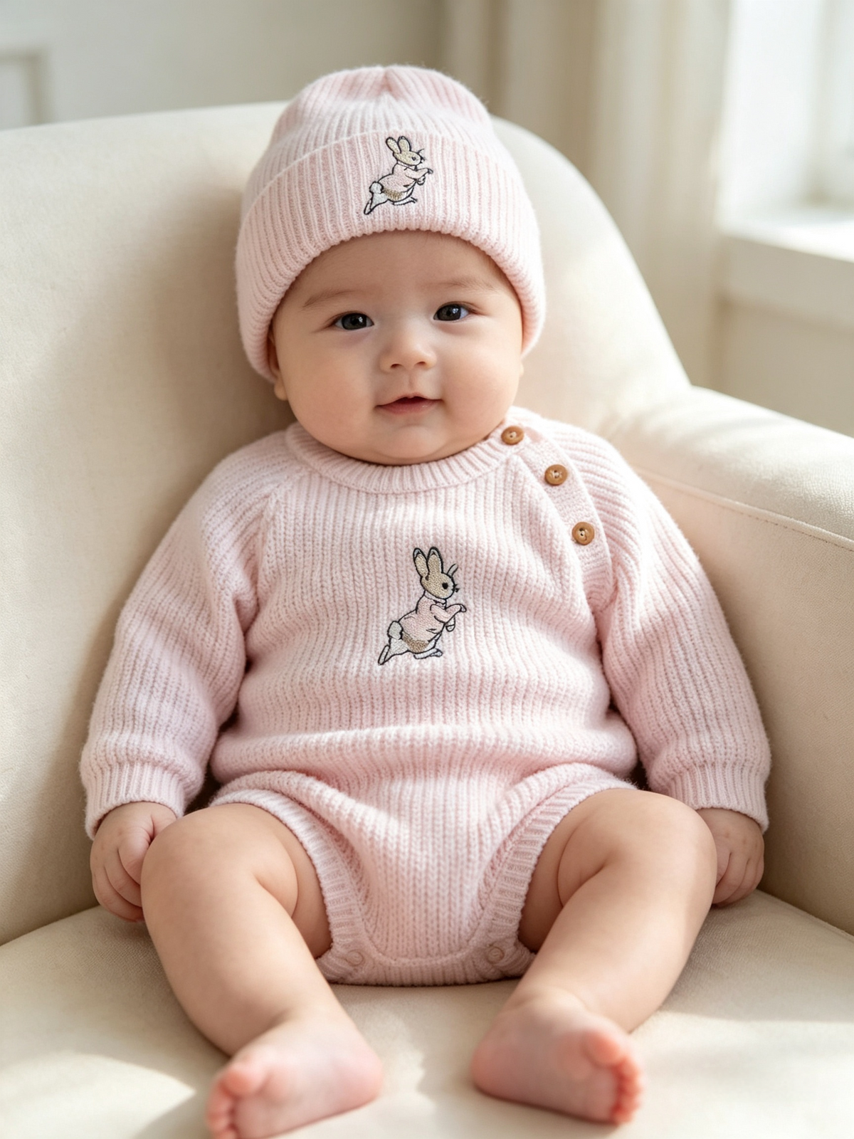 Dandelion embroidered romper set with hat  and  peter rabbit themed embroidery
