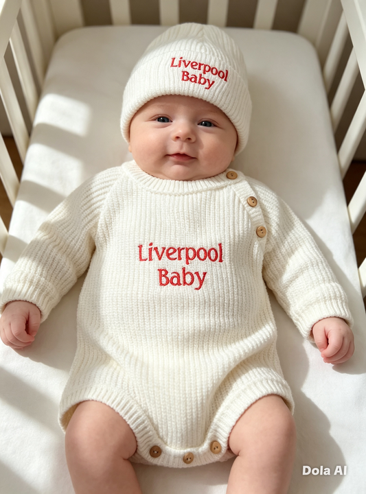 Babys dandelion knitted  romper and hat set embroidered with Liverpool Baby
