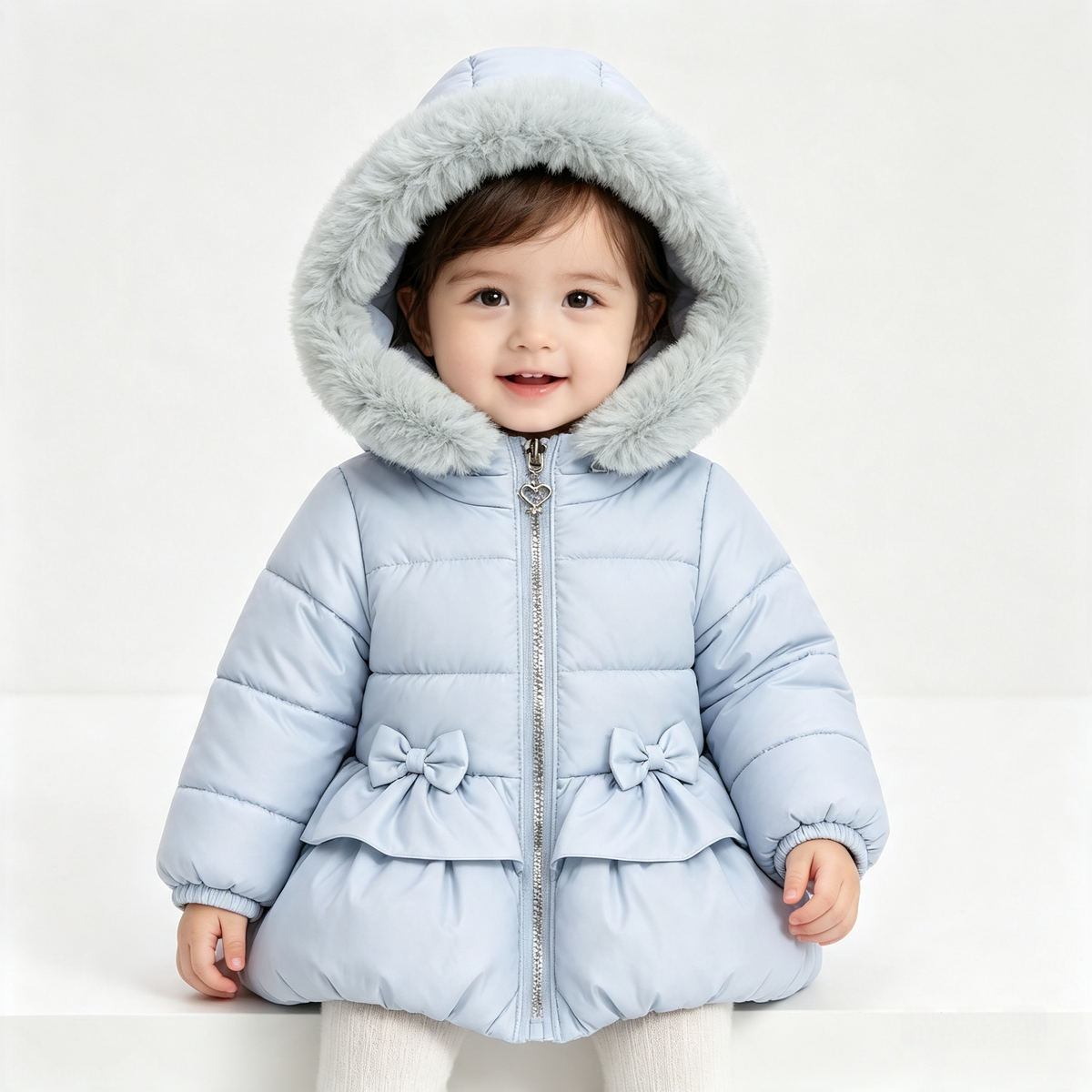 Girls  puffer jacket with bows and faux fur hood