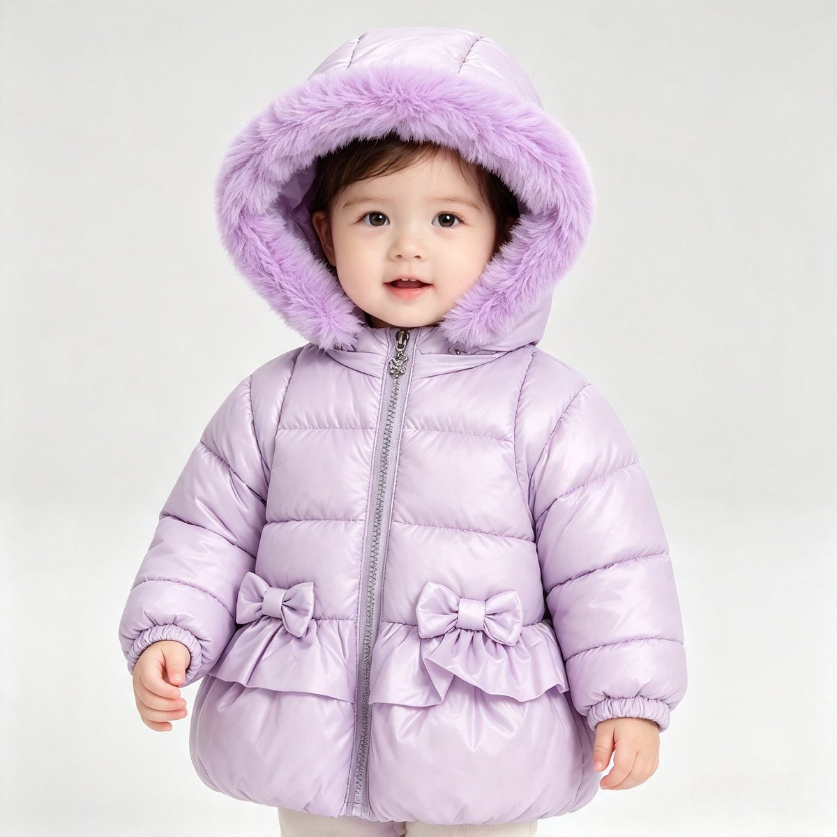 Girls  puffer jacket with bows and faux fur hood