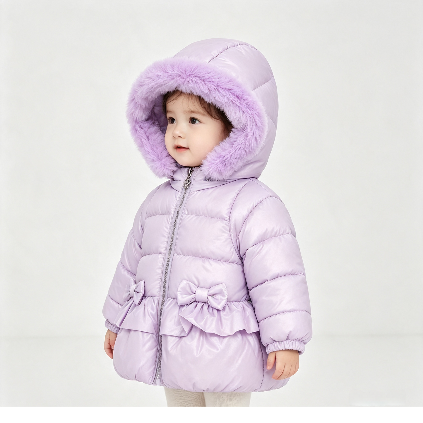 Girls  puffer jacket with bows and faux fur hood