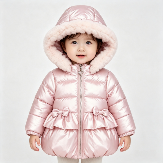Girls puffer jacket with bows and faux fur hood